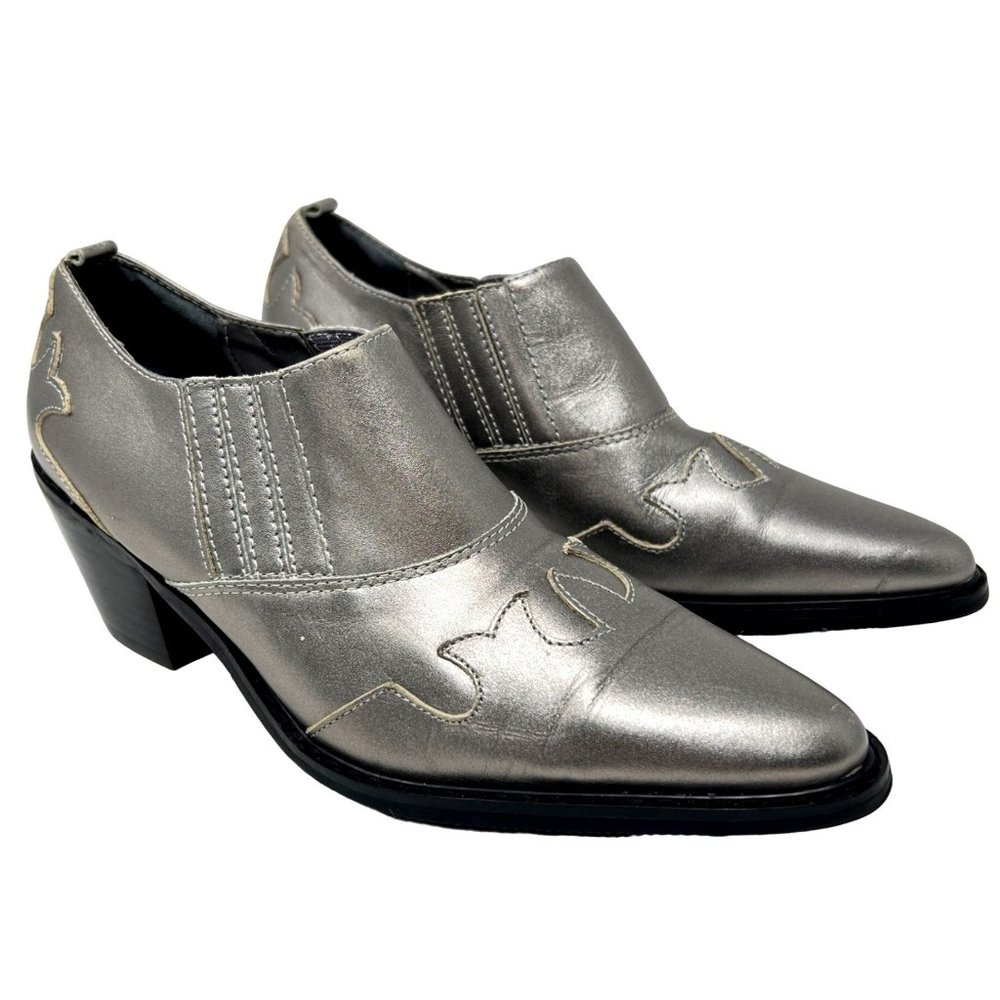 MARKON Silver Western Low Ankle Booties Womens Size 6 Stacked Cowboy Heel